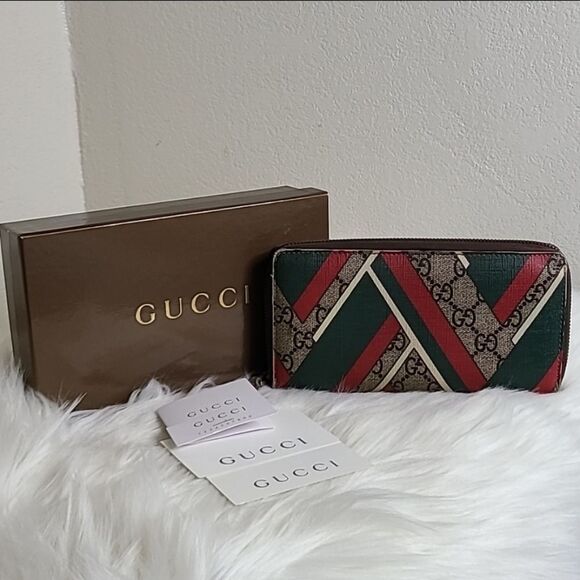 💯Authentic Gucci Round Zip Long Wallet GG Chevron Beige Green Red🍀 - Picture 11 of 16